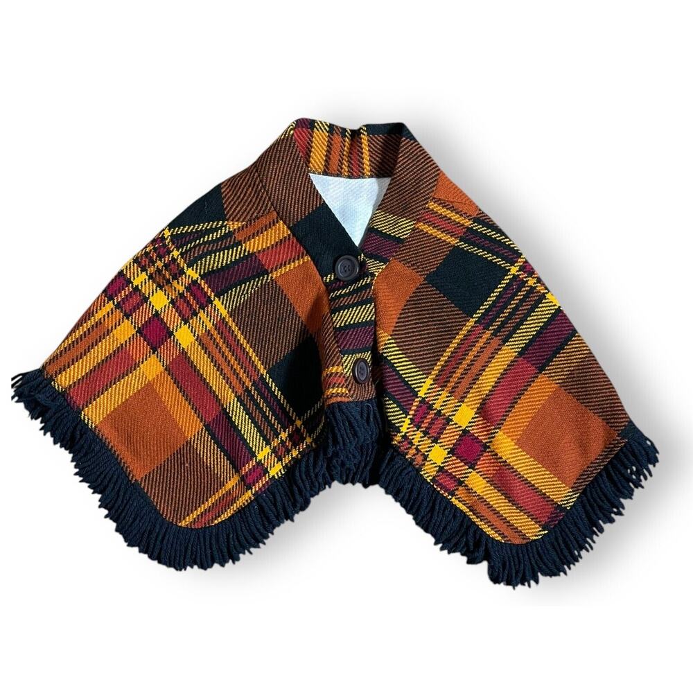 Vintage Handmade Fall Plaid Colorful Kids Poncho Black Fringe One Size Fits Most